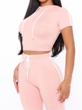 Fashion Nova Pink Crop Hoodie & High-Waist Track Biker Set